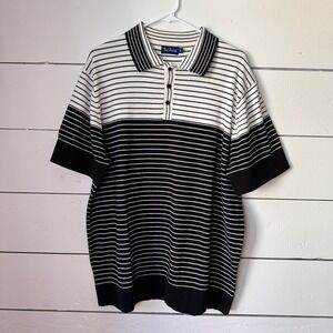 Paul Frederick Sweater Polo XL Black White Striped Cotton Retro‎ Hipster Preppy